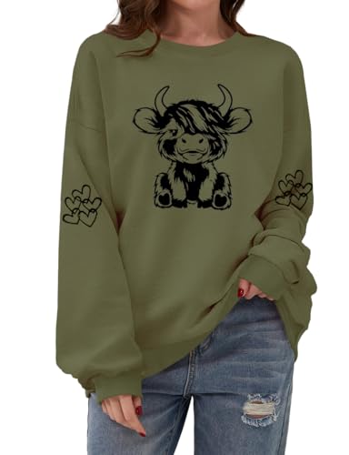 Women Highland Cow Sweatshirt Cute Cowgirl Gift Christmas Farm Sweatshirt Ribbon Long Sleeve Shirts