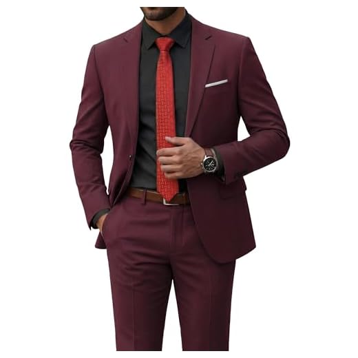 YND Men's Slim Fit 2 Piece Suit, One Button Jacket Pants Set with Tie, Solid Party Wedding Dress Blazer, Tux Trousers, Burgundy