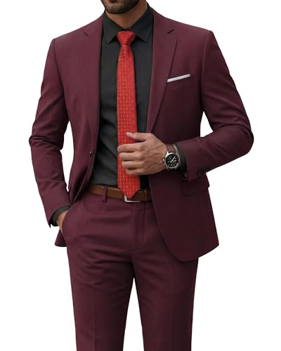 YND Mens Slim Fit 2 Piece Suit One Button Jacket Pants Set with Tie Solid Party Wedding Dress Blazer Tux Trousers Burgundy