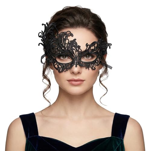 FunMular Masquerade Mask for Women Lace Masks Venetian Masquerade Party Costume Party Halloween Carnival Fit for Adults, Soft & Black (Classic - Black)