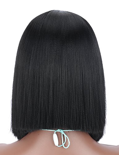 Kalyss 14” Short Straight Black Yaki Synthetic Bob Wig Heat Resistant Premium Synthetic Hair Replacement Middle Parting Full Head Wig For Women #TOP7