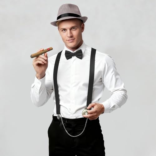 Image of BABEYOND 1920s Mens Gatsby Gangster Accessories Set Panama Hat Suspender Bow Tie
