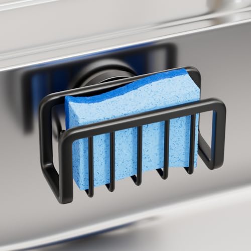 Image of TAILI Black Sponge Holder for Kitchen Sink with Strong Suction Cup | Removable Sink Caddy for Kitchen Sink Oganizer, Rustproof Aluminum Sink Sponge Holder for Scraper Brushes, Stoppers