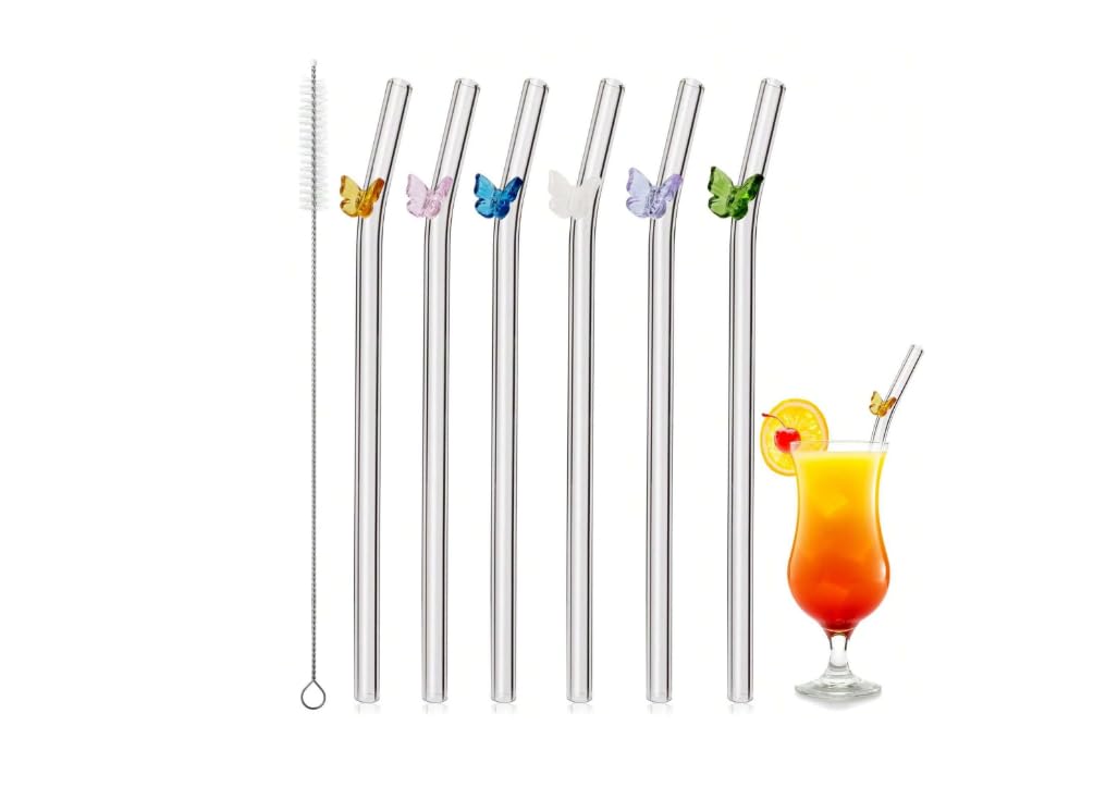 GLASSWARE 6 Pcs Reusable Colored Flower Glass Straws with 1 Cleaning Brushes/Clear Glass Straw Dishwasher Safe for Cocktail, Smoothies, Milkshakes,Tea.-image-30