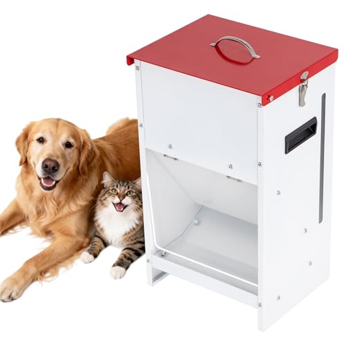 Eastrexon Metal Automatic Dog Feeder - 25LBS Capacity Automatic Gravity Dispenser Powder Coated & Waterproof for Indoor & Outdoor Use 12.3 L x 10.5 W x 21.3 H Red and White