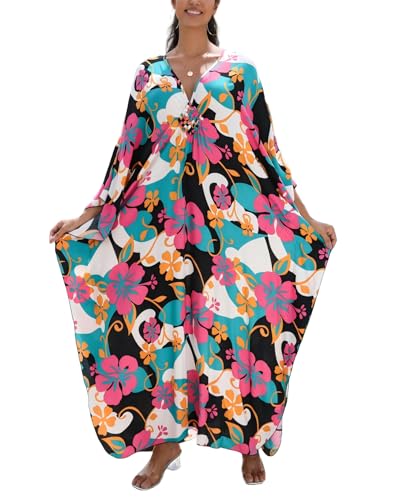 Image of IMAGEKOPE Women's Plus Size Animal Print V-Neck Batwing Kaftan Beach Dress Bathing Suit Cover-Up Loungewear