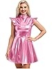 Sinleey Womens Shiny Metallic A-line Dress Cap Sleeve Skater Mini Dress Holographic Rave Party Dance Costume Pink S #1