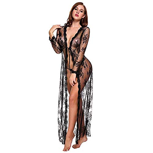 DIOMOR Womens Temptation See Through Lingerie Set Sexy Silky Long Lace Dress Sheer Gown Kimono Robe G-String Night Wear Black