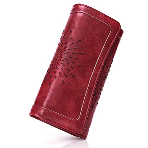 APHISON Ladies RFID Trifold Wallet Clutch Long Purse For Women Soft PU Leather Money Organizer Credit Card Holder Hollow Out Sunflower Design Gift Box 2214red