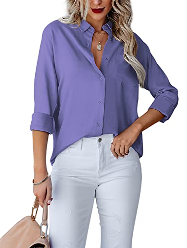 Diosun Womens Button Down Shirts V Neck Long Sleeve Office Casual Business Plain Blouse Tops With Pocket (Medium, Purple) #TOP1
