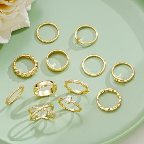 12 pcs dainty 14k gold rings for women eternity open chunky twist simulated diamond criss cross designs non tarnish gold plated stacking thumb ring perfect for wedding bands size 5-11