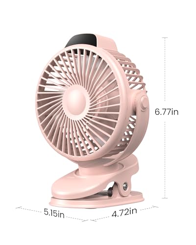 Image of Koonie Portable Clip On Fan, Small USB Battery Operated, 3 Speed Rechargeable Mini Pink With LED Display, 360 Rotate Personal Cooling for Desk Stroller Travel Camping Golf Gym