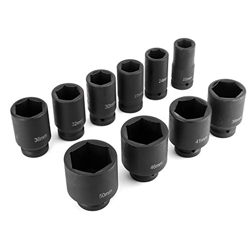 Wakects Juego de 10 llaves de vaso hexagonales de impacto con unidad de 3/4 pulgadas, kit de reparación automotriz portátil de 22-50 mm