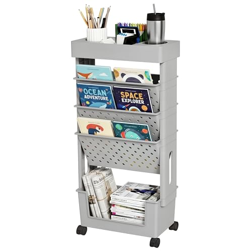 yeavs 5-Tier Rolling Bookshelf Magazine Rack with Wheels Gray