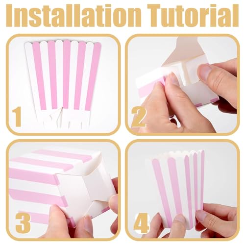 Image of 60 Pcs Paper Pink Popcorn Boxes, Pink Popcorn Bags with White Striped, Popcorn Boxes for Party, Popcorn Holders for Party Birthday Favor Supplies