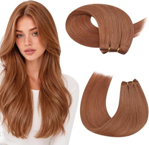 Image of Moresoo Human Hair Weft Extensions Sew in, Light Copper, 18 Inch 100g | Crafted with Remy human hair for easy blending, ideal for date looks, autumn outings and soft everyday wave styling