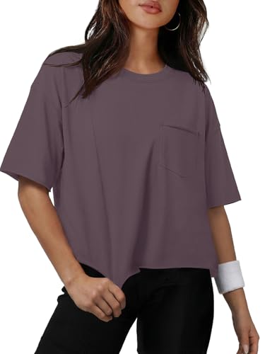 Image of ATHMILE Womens Crop Tops Workout Shirts Gym Oversized Spring Summer Basic Tees Short Sleeve Casual Loose Drop Shoulder 2026