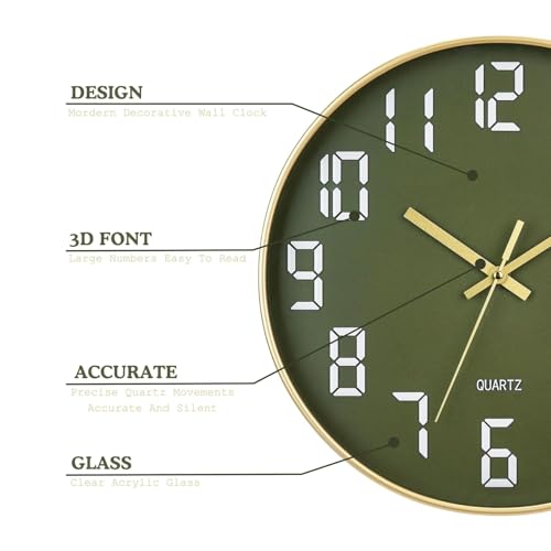 Image of SKYTONE Wall Clock 12 inch Silent Quartz Decorative Wall Clock Non-Ticking Classic Clock Round Easy to Read for Living Room, Bathroom, Kitchen, Office, School (Olive Green)