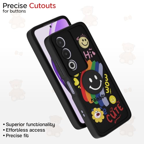 Image of Pikkme Back Cover for Oppo A3 Pro 5G | Soft Silicone| Cute Rainbow Smile & 3D Cartoon Flower Design | Shockproof Raised Camera Protection Bumper Case (Black)