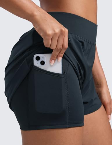 Image of CRZ YOGA 2 in 1 Double Layer Running Shorts 3 inch | High Waisted, Quick Dry, Lightweight, Zip Pockets, for Women