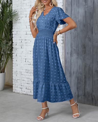 Image of Women Maxi Dresses Boho V Neck Swiss Dot Ruffle Summer Short Sleeve High Waist Tiered Flowy Smocked Cocktail Dresses