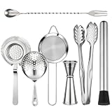 AIZOE 7 Pack Bar Tools, Includes Muddler for Cocktails, Bar Spoon Cocktail Mixing Spoon, Jigger for Bartending, Ice Tongs for Large Ice Cubes, Hawthorne Julep & Fine Mesh Strainer, 304 Stainless Steel