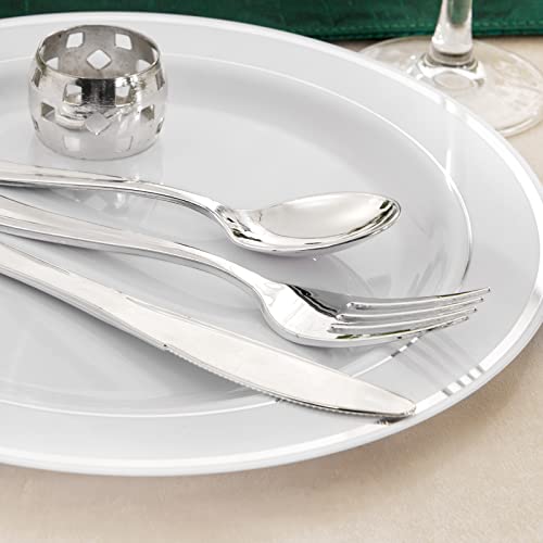 Wdf 150Pcs Silver Rim Plastic Plates - Disposable Plastic Silverware&Hand Napkins, Christmas Plates Include 25 Dinner Plates,25 Salad Plates,25 Forks, 25 Knives, 25 Spoons,25Disposable Napkins #TOP2