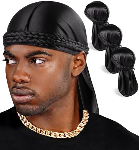 Babalet 3PCS Durag for Men Women, Unisex Smooth Silky Elastic Satin Dorag, Breathable Soft Do Rag for 360 Waves, Nourishing Hair Fashion Outfits with Extra Long Strap Satin Doo Rag