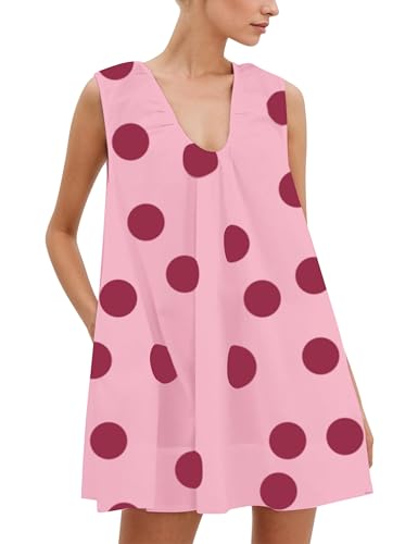 Image of Women Summer Sleeveless Babydoll Mini Dress Scoop Neck Loose Fit Tank Dresses Party Ruched Short Dress with Pockets
