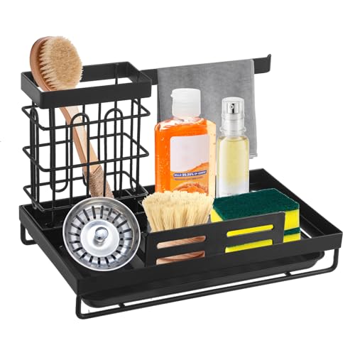 Simup Sink Caddy Sponge Holder for Kitchen,Sink Storage Rack,Dish Cloth Rack,Detachable Brush Holder with Removable Drip Tray for Countertop,Black