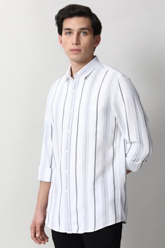 Image of Peter England Men's Linen Blend Shirt | Subtle Stripes | Full Sleeves