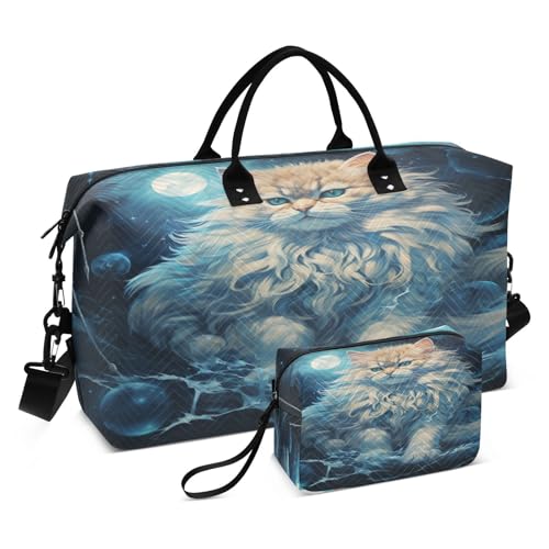 Fancy Blue Watercolor Cat Sports Swim Gym Bag Weekender Duffel Travel Bags Handbag with Makeup Storage Bag for Girls Men