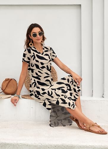 Image of MISFAY Womens Maxi Dress Short Sleeve V Neck Loose with Pockets | Soft stretchy breathable, v neck loose fit, side split hem, two side pockets, casual daily beach vacation travel dress