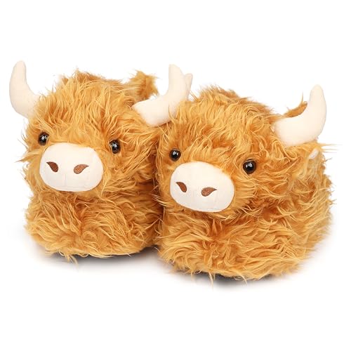 Aopuro Women Highland Cattle Animal Slippers Cute Plush House Shoes Warm Novelty Cartoon Cow Slippers Gifts for Birthday Christmas(Highland Cattle M)