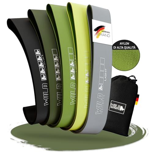 Wild Instincts® Loop Bands in Tessuto, 5 cm di larghezza, Set di 5 / Bande Elastiche Fitness Tessuto/Set di Mini band/Fasce Elastiche Fitness/Elastici Fitness Tessuto/Bande di Resistenza