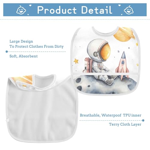 MCHIVER Astronaut White Baby Bibs for tag1 Waterproof Feeding Bib Apron with Food Cather Adjustable Cotton Food Eating Bib 2 Pack3