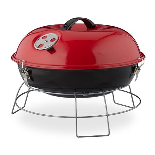 Relaxdays Kugelgrill, tragbar, mit Deckel, leckeres BBQ, Picknickgrill mit großer Grillfläche, Holzkohle, Ø36cm, rot