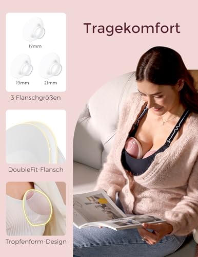 Momcozy Freihändige Milchpumpe Mobile Flow | M9 Upgrade, Elektrisch & App-Steuerung, Personalisierte Multi-Modi & 15 Stufen, Tragbare Pumpe, 24 mm (Rot, 2 Stück)