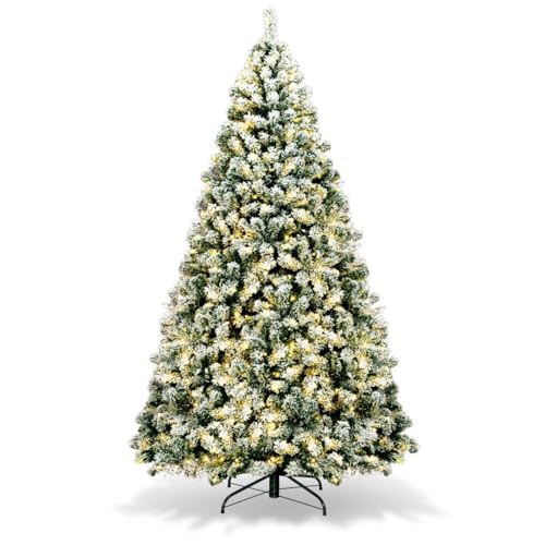 HAPPYGRILL 7.5FT Pre-lit Artificial Christmas Tree Hinged Snow Flocked Christmas Pine Tree with Solid Metal Stand Flexible Branches Traditional Festival Decoration Tree