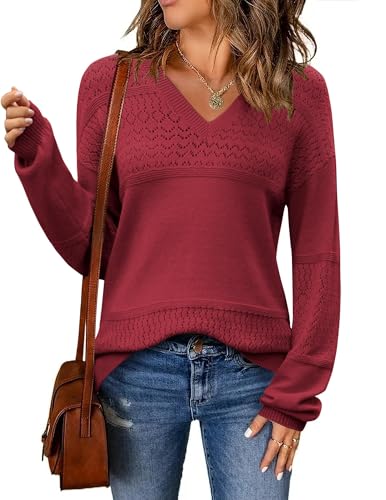 Zeagoo Womens 2025 Fall Sweaters Casual Long Sleeve Ribbed Knit Pullover V Neck Lightweight Crochet Pullover Sweater Top
