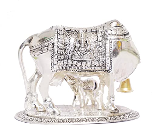 Image of KridayKraft Kamdhenu Cow with Calf Metal Statue for Good Luck, Feng Shui As Table Top Figurine, Vastu, Religious Gau Mata Idol Home, Office and Table Decorative (Silver, Standard)