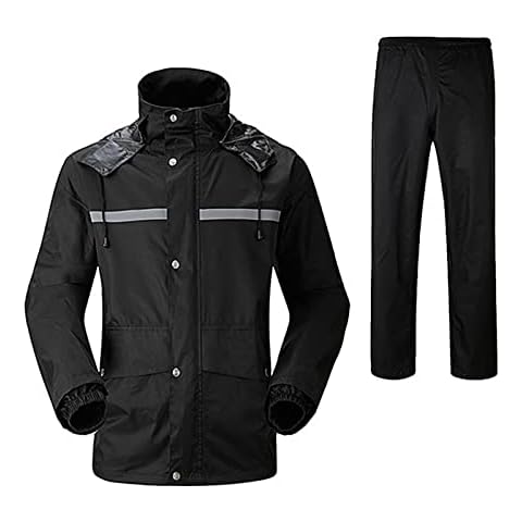 LY4U Mens Waterproof Rain Suit Work Wear Hooded Cycling Jacket and Trouser Rainsuit with Safe Reflective Strip Black L Cover