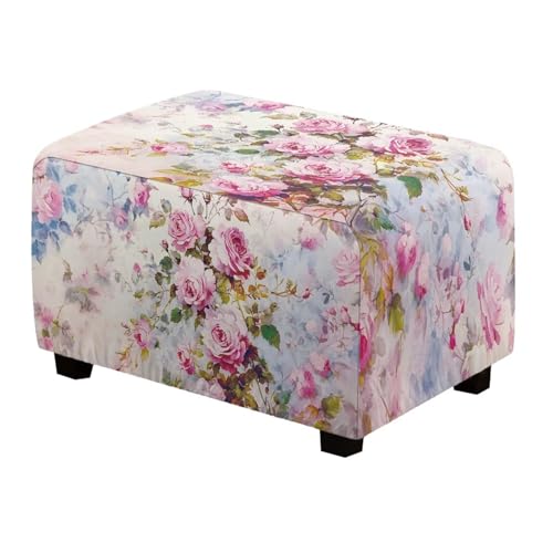 Sellikakes Pink Rose Rectangle Ottoman Slipcover 30x24x15 inch Folding Storage Footstool Furniture Protector Removable Square Ottoman Cover with Elastic Bottom Living Room Home Decor