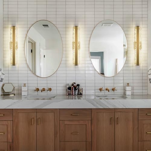 Image of Modern Crystal Wall Sconce, 24 Inch Hardwired Wall Lamp, 4000K Dimmable Gold Sconce Wall Lights Indoor Wall Mount, 34W Wall Light Fixtures for Bathroom Vanity Light, Porch, Washroom
