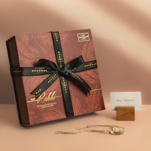 Image of KOKOMAE Raksha Bandhan Luxury Chocolate Gift Hamper, 3 Bean-to-Bar Chocolate Bars, 2 Chocolate Coated Nuts, Complimentary Rakhi & Greeting Card