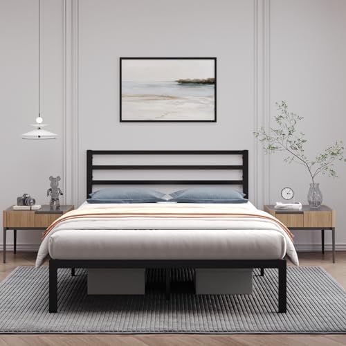 Golden Gate Beds Metal Platform Bed Frame with Headboard, Heavy Duty Steel Slats, No Box Spring Required, Noise-Free, Easy Assembly, Minimalist Design with Under-Bed Storage – Queen size, Black Finish