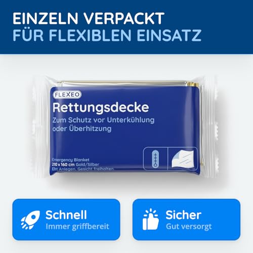 FLEXEO 10 × Rettungsdecke Gold/Silber, 210 × 160 cm | Rettungsfolie, Notfall, Erste-Hilfe-Decke, Notfalldecke, Emergency Blanket | Goldfolie/Silberfolie