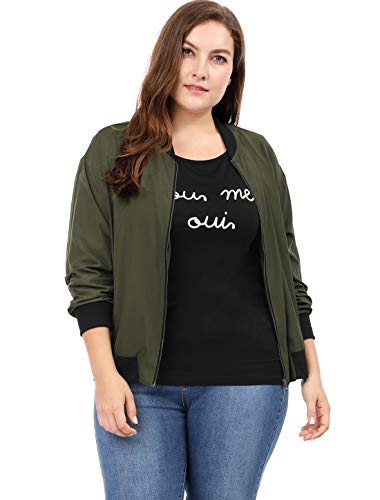 uxcell Women's Plus Size Contrast Trim Zip Pocket Lightweight Bomber Jacket Green 1X