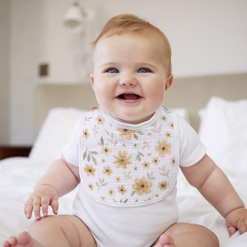 Image of Muslin Bibs for Baby Boy Girl, Adjustable Fit for Drooling and Teething | 6Pk, 100% Soft Cotton Surface & Multi-Layer Absorbent Core, Shrink-resistant & Fade-Proof, Gentle on Sensitive Newborn skin