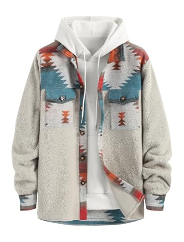 ZAFUL Men's Ethnic Aztec Printed Jacket Coat Flap Pocket Casual Long Sleeve Lightweight Lapel Faux FleeceShacket Top